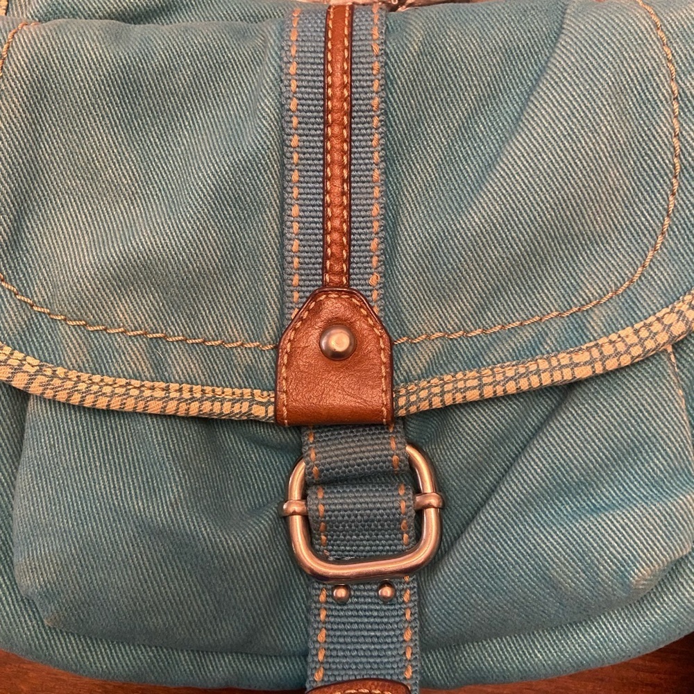 Fossil canvas and leather trim crossbody bag in a turquoise blue and brown Vtg - Picture 7 of 7